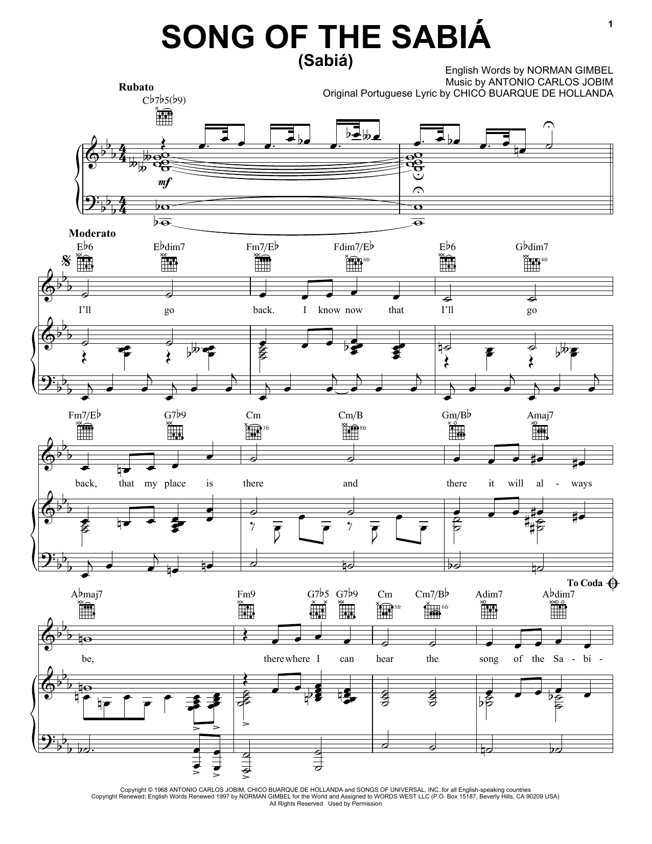Download Antonio Carlos Jobim Song Of The Sabia (Sabia) Sheet Music and learn how to play Piano, Vocal & Guitar (Right-Hand Melody) PDF digital score in minutes