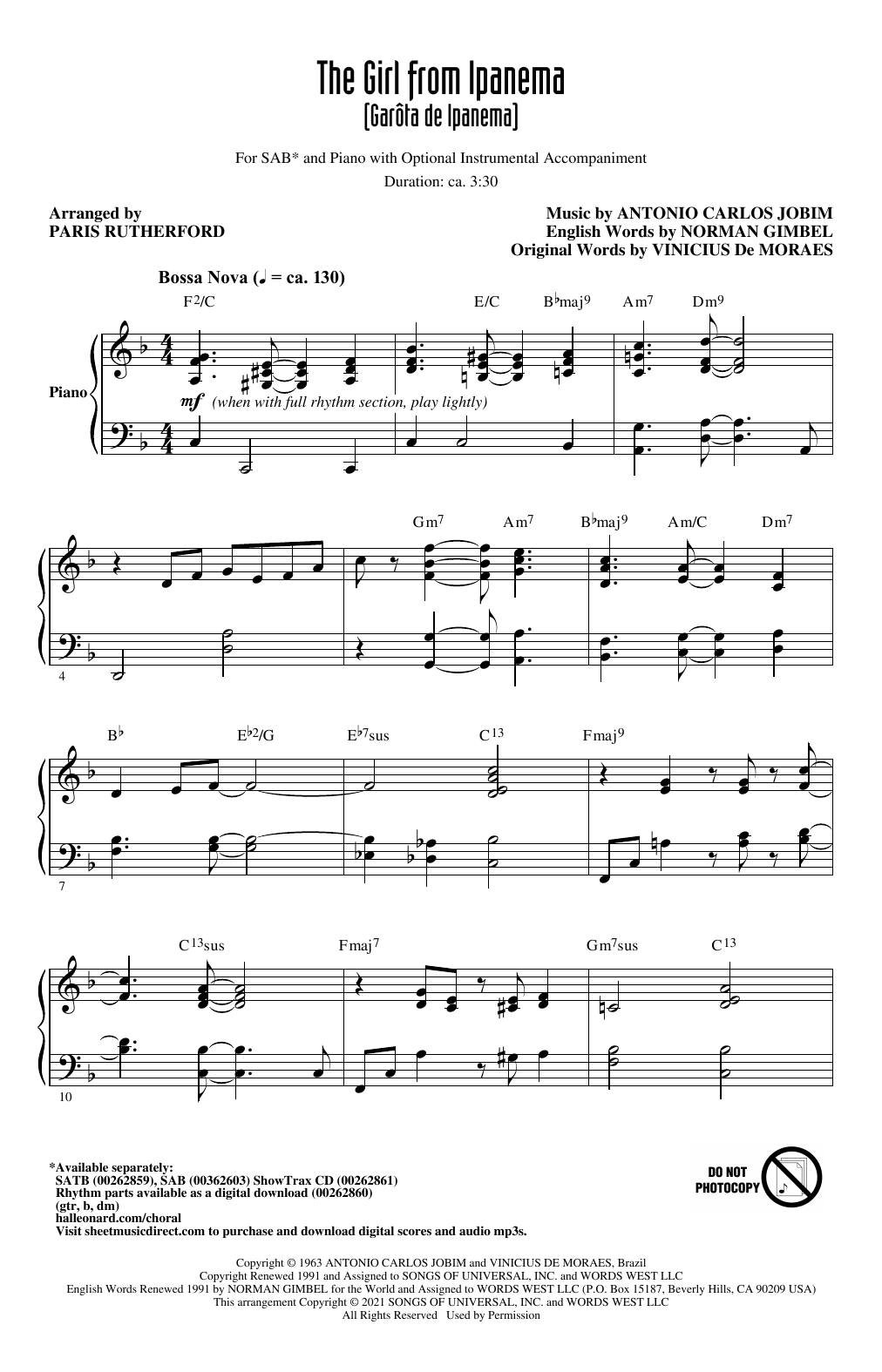 Download Antonio Carlos Jobim The Girl from Ipanema (Garôta de Ipanema) (arr. Paris Rutherford) Sheet Music and learn how to play SAB Choir PDF digital score in minutes