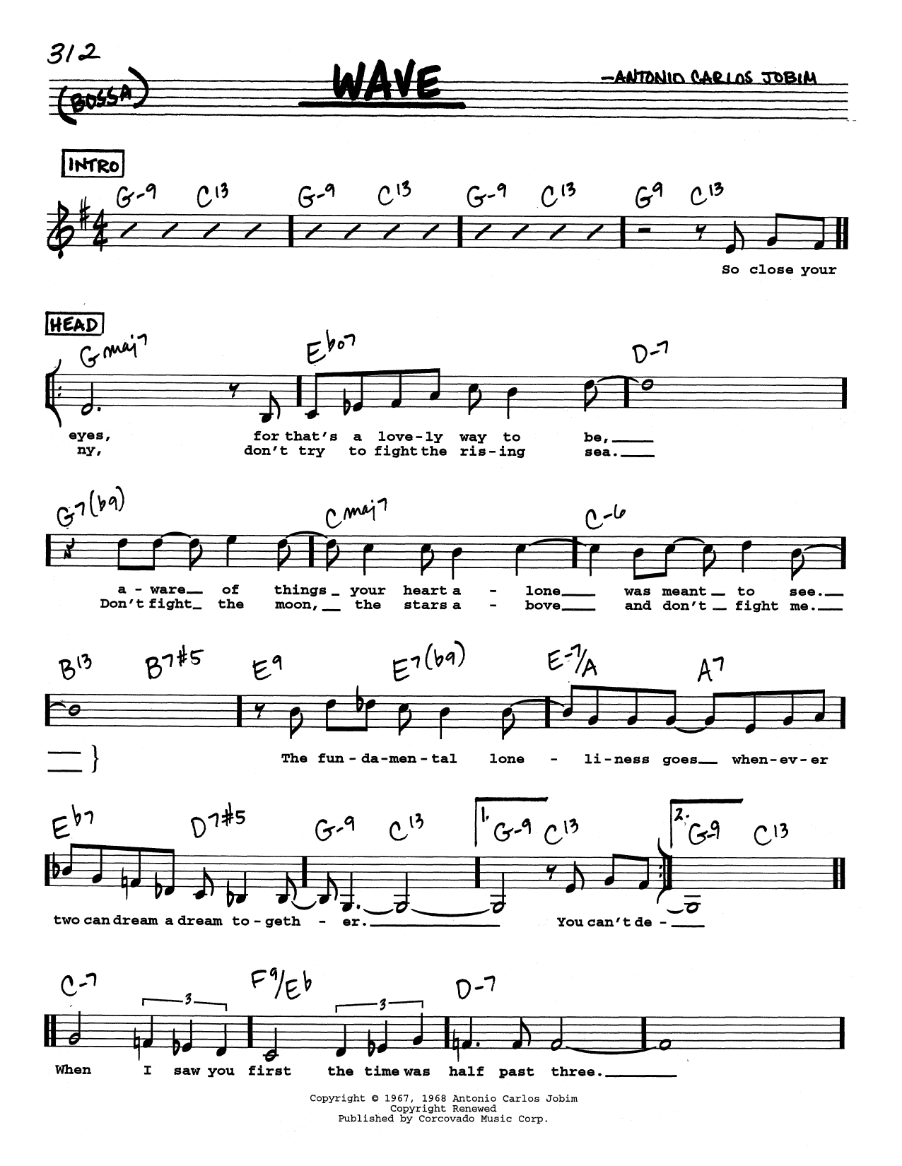 Download Antonio Carlos Jobim Wave (Low Voice) Sheet Music and learn how to play Real Book – Melody, Lyrics & Chords PDF digital score in minutes