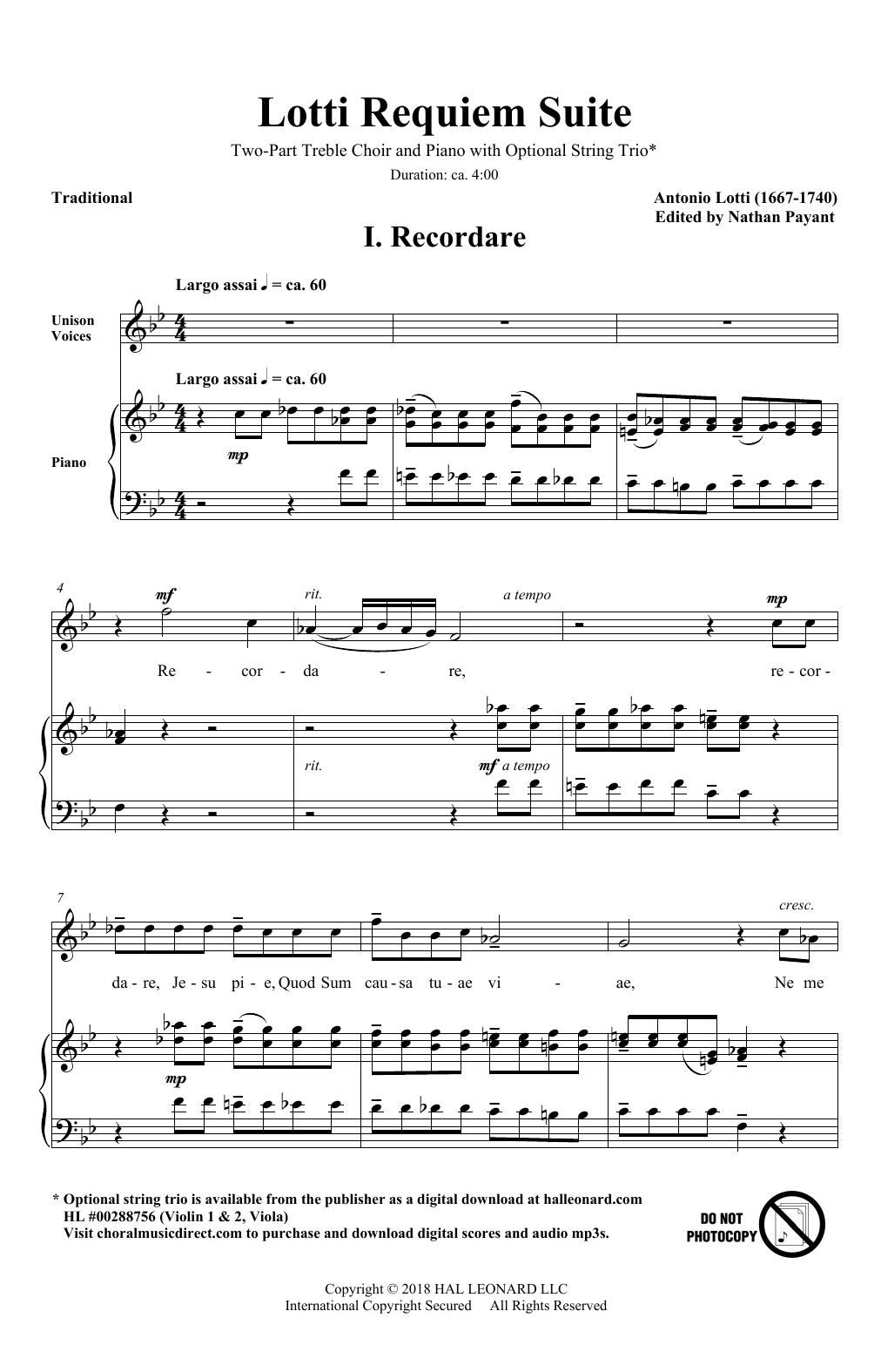 Download Antonio Lotti Lotti Requiem Suite (arr. Natahn Payant) Sheet Music and learn how to play 2-Part Choir PDF digital score in minutes