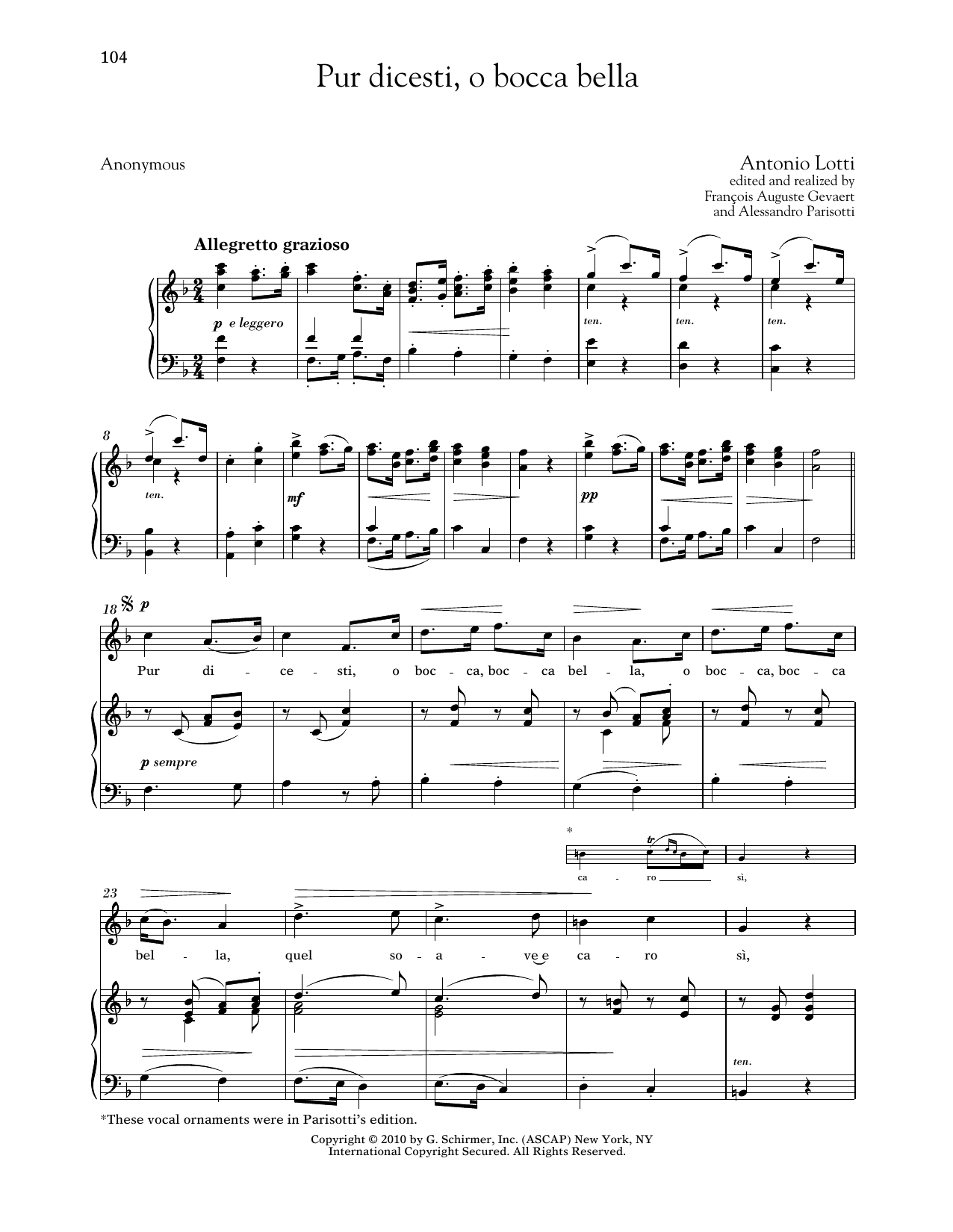 Download Antonio Lotti Pur Dicesti, O Bocca Bella (High Voice) Sheet Music and learn how to play Piano & Vocal PDF digital score in minutes