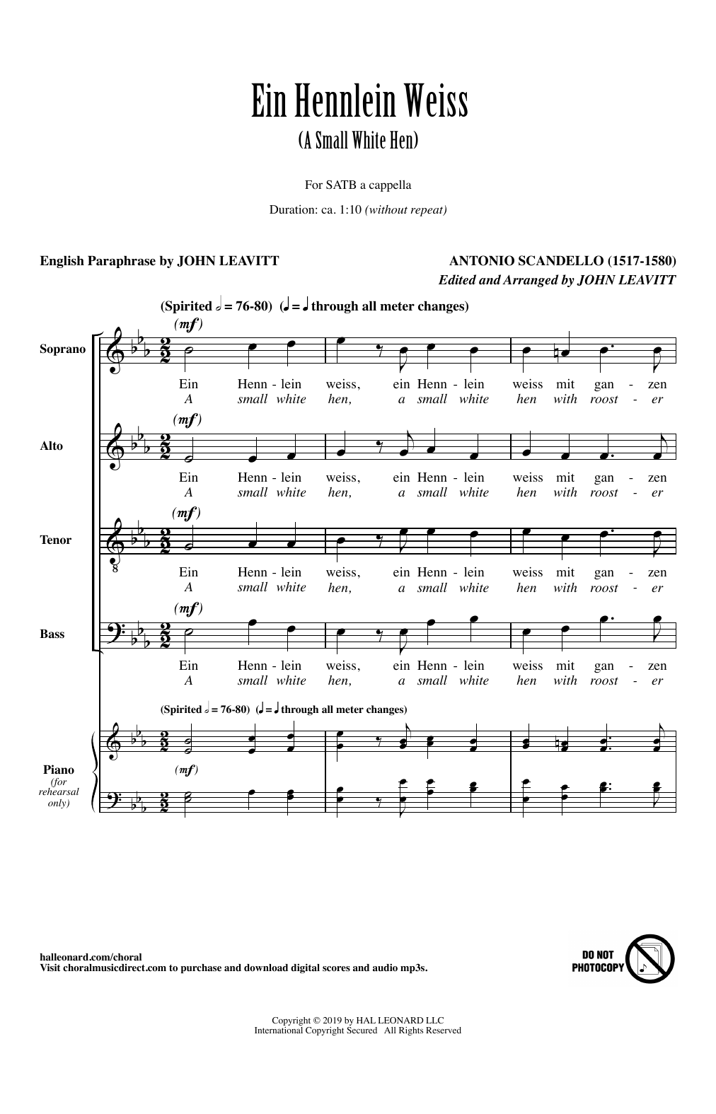 Download Antonio Scandello Ein Hennlein Weiss (arr. John Leavitt) Sheet Music and learn how to play SATB Choir PDF digital score in minutes