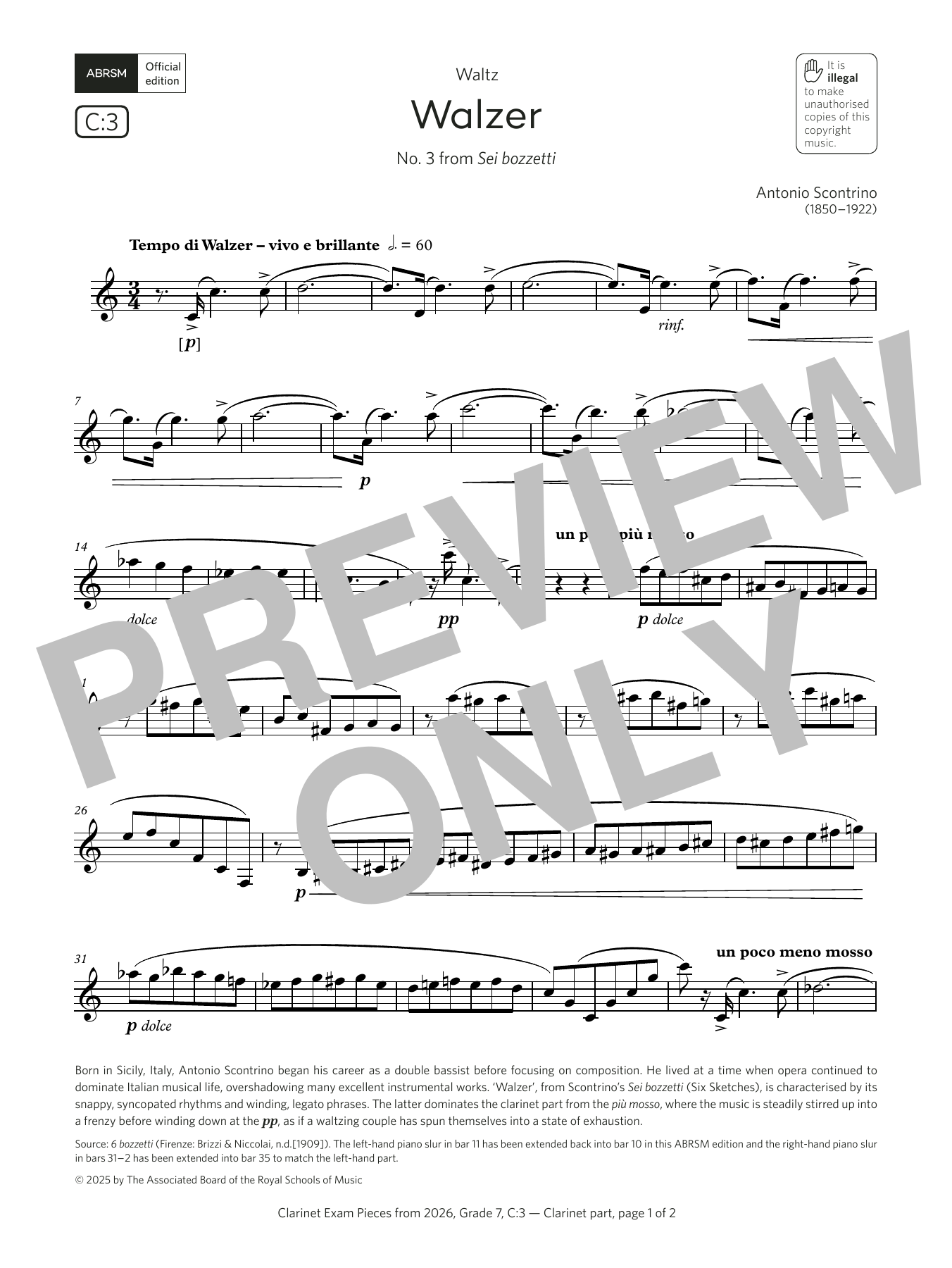 Download Antonio Scontrino Walzer (Grade 7, list C3, from the ABRSM Clarinet Syllabus from 2026) Sheet Music and learn how to play Clarinet Solo PDF digital score in minutes