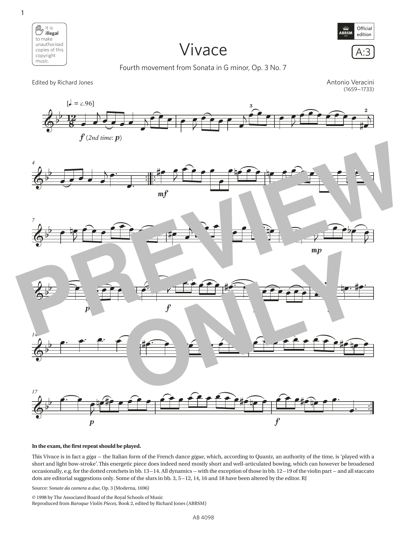 Download Antonio Veracini Vivace (Grade 4, A3, from the ABRSM Violin Syllabus from 2024) Sheet Music and learn how to play Violin Solo PDF digital score in minutes