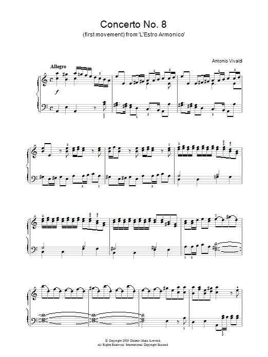 Download Antonio Vivaldi Concerto No.8 (1st Movement: Allegro) from ‘L'Estro Armonico' Op.3 Sheet Music and learn how to play Piano PDF digital score in minutes