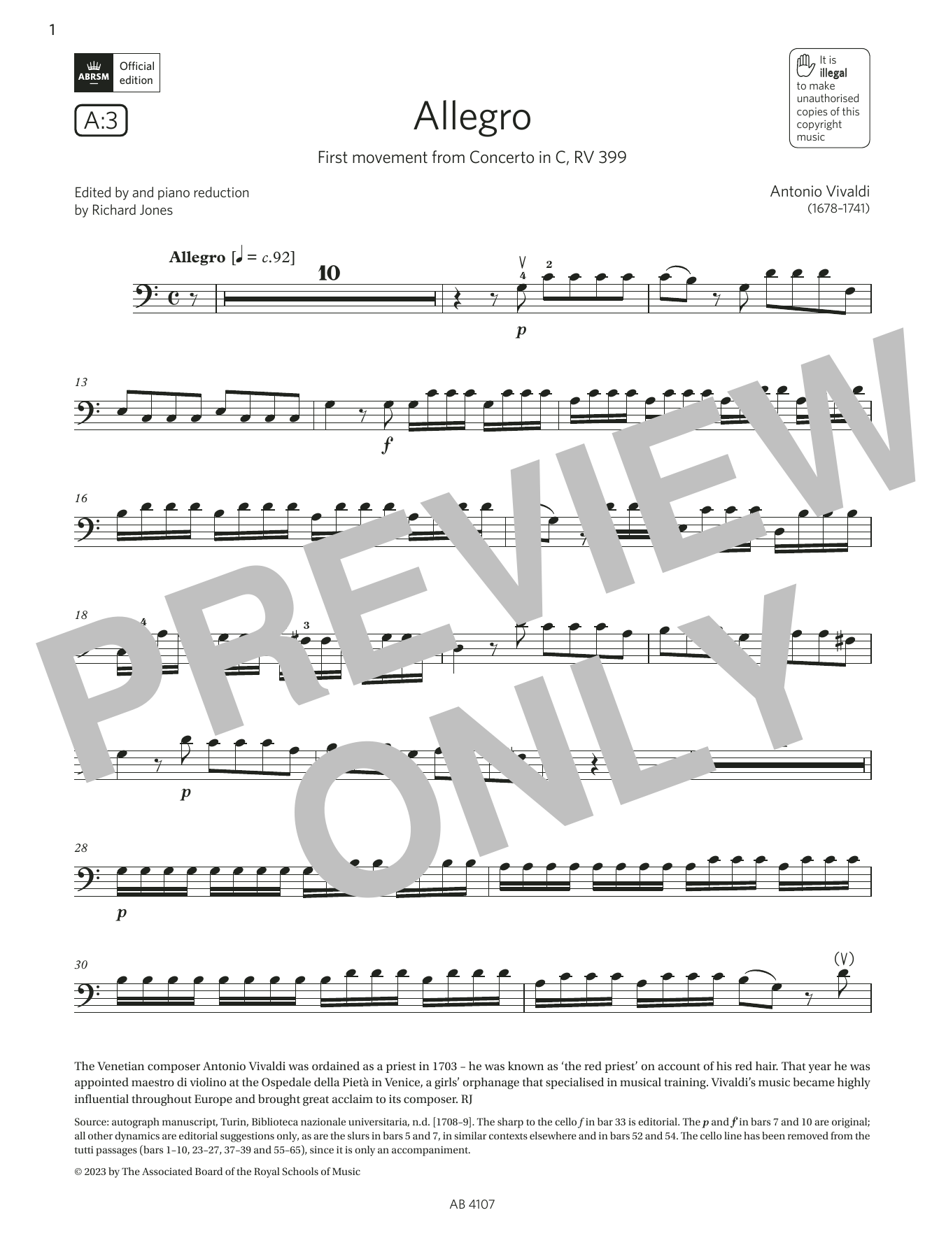 Download Antonio Vivaldi Allegro (Grade 4, A3, from the ABRSM Cello Syllabus from 2024) Sheet Music and learn how to play Cello Solo PDF digital score in minutes