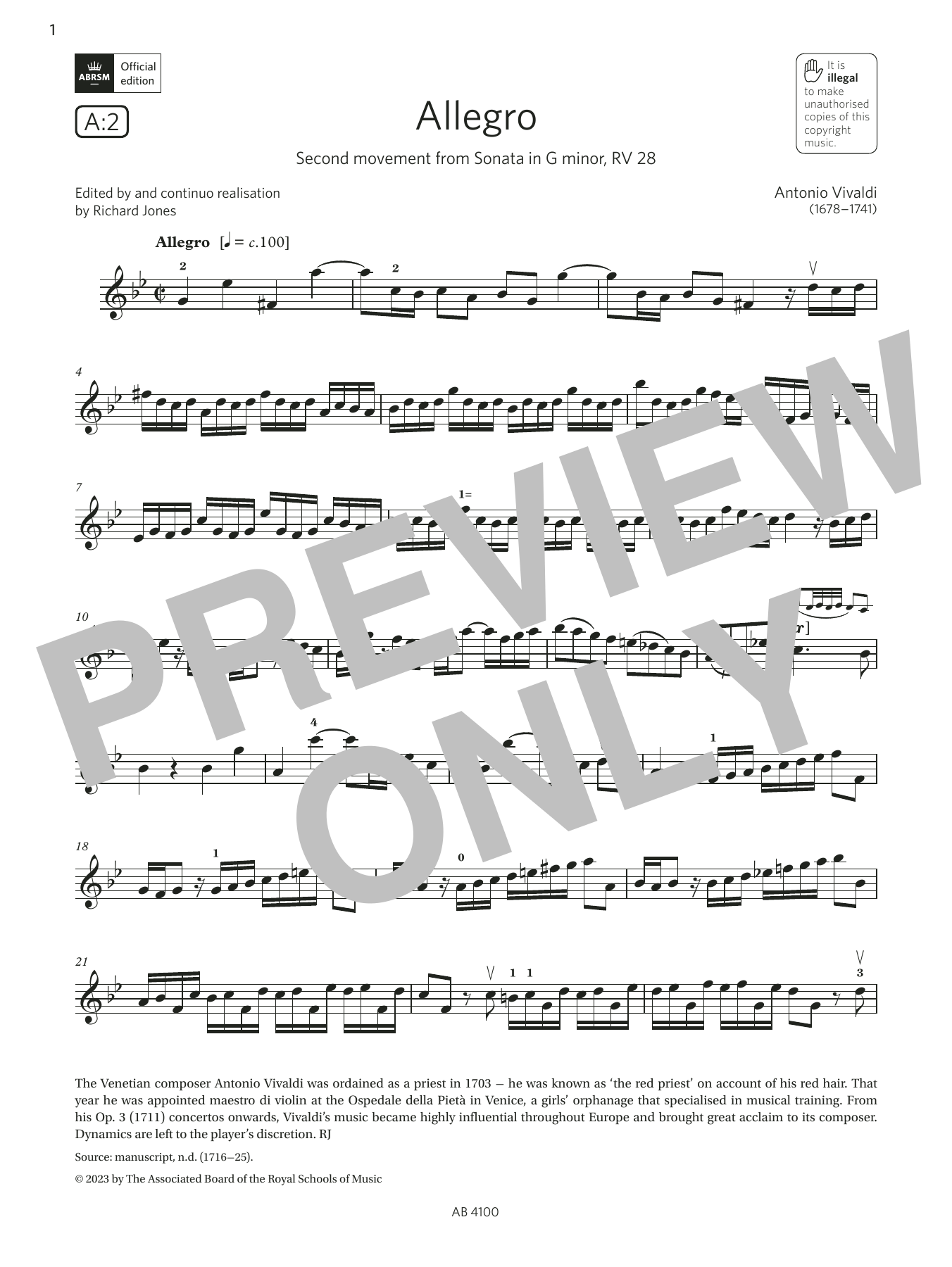 Download Antonio Vivaldi Allegro (Grade 6, A2, from the ABRSM Violin Syllabus from 2024) Sheet Music and learn how to play Violin Solo PDF digital score in minutes
