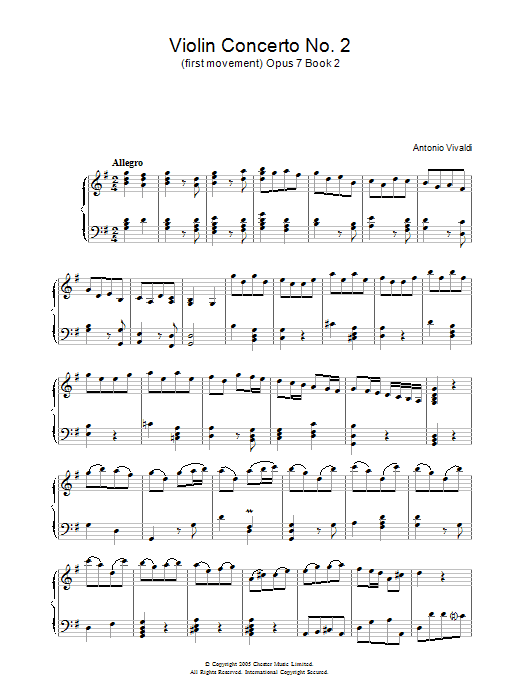 Download Antonio Vivaldi Violin Concerto No.2 (1st Movement: Allegro Op.7, Book 2 Sheet Music and learn how to play Piano PDF digital score in minutes