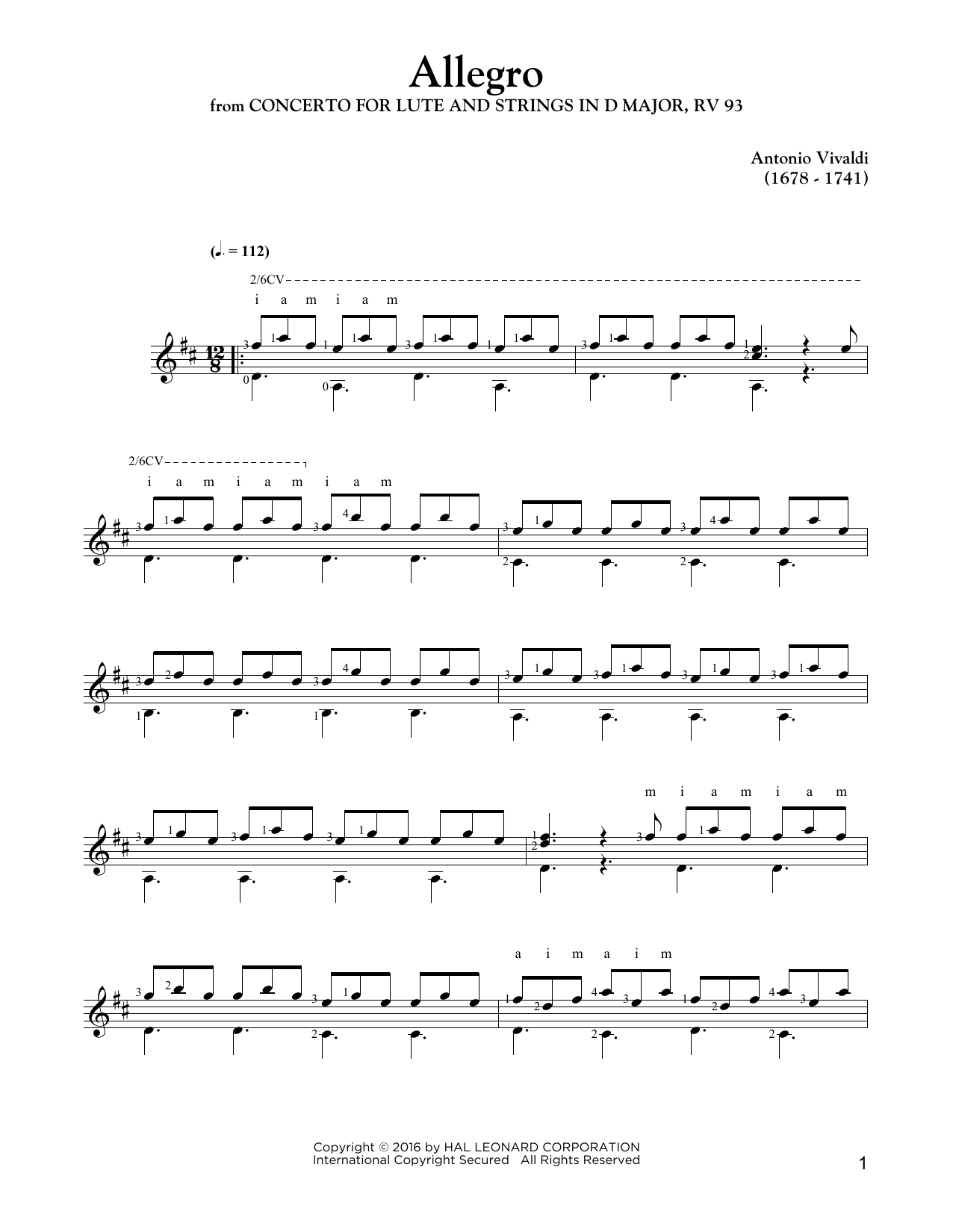 Download Antonio Vivaldi Allegro (from Concerto for Lute and Strings in D Major, RV 93) Sheet Music and learn how to play Guitar Tab PDF digital score in minutes