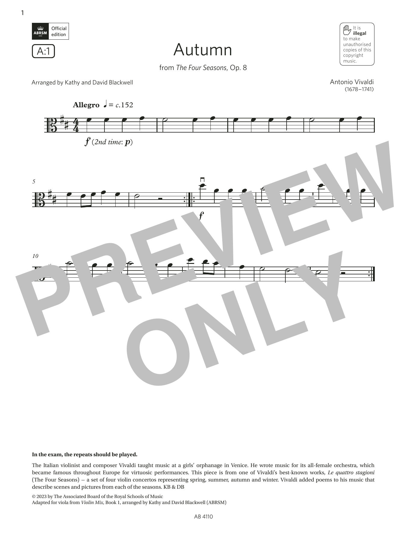 Download Antonio Vivaldi Autumn (Grade Initial, A1, from the ABRSM Viola Syllabus from 2024) Sheet Music and learn how to play Viola Solo PDF digital score in minutes