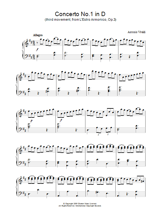 Download Antonio Vivaldi Concerto No.1 (3rd Movement: Allegro) from ‘L'Estro Armonico' Op.3 Sheet Music and learn how to play Piano PDF digital score in minutes