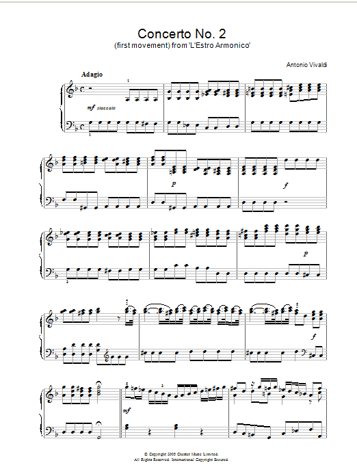Download Antonio Vivaldi Concerto No.2 (1st Movement: Adagio) from ‘L'Estro Armonico' Op.3 Sheet Music and learn how to play Piano PDF digital score in minutes