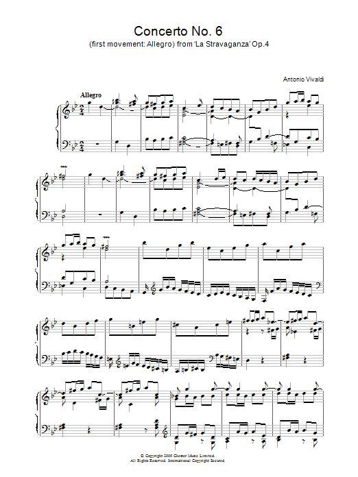 Download Antonio Vivaldi Concerto No.6 (1st Movement: Allegro) from ‘La Stravaganza' Op.4 Sheet Music and learn how to play Piano PDF digital score in minutes