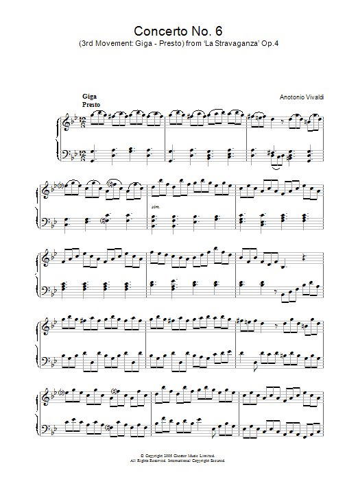 Download Antonio Vivaldi Concerto No.6 (3rd Movement: Giga, Presto) from ‘La Stravaganza' Op.4 Sheet Music and learn how to play Piano PDF digital score in minutes