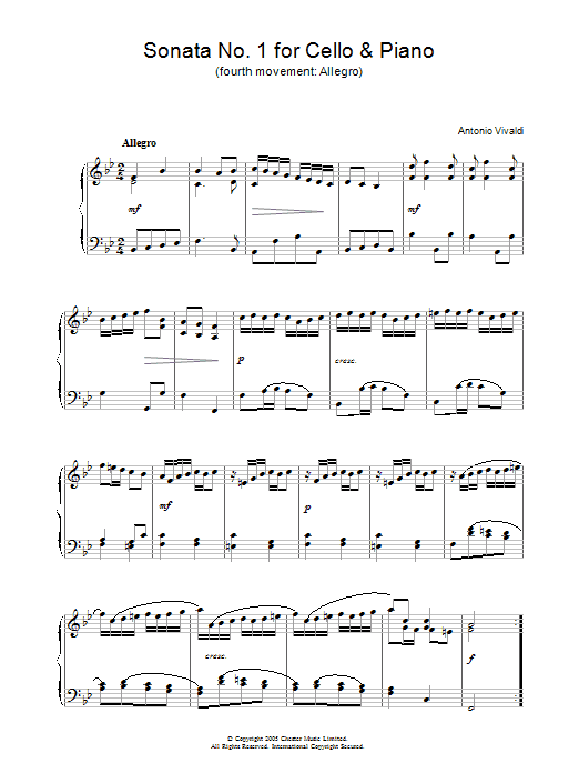 Download Antonio Vivaldi Sonata No.1 for Cello & Piano (4th Movement: Allegro) Sheet Music and learn how to play Piano PDF digital score in minutes