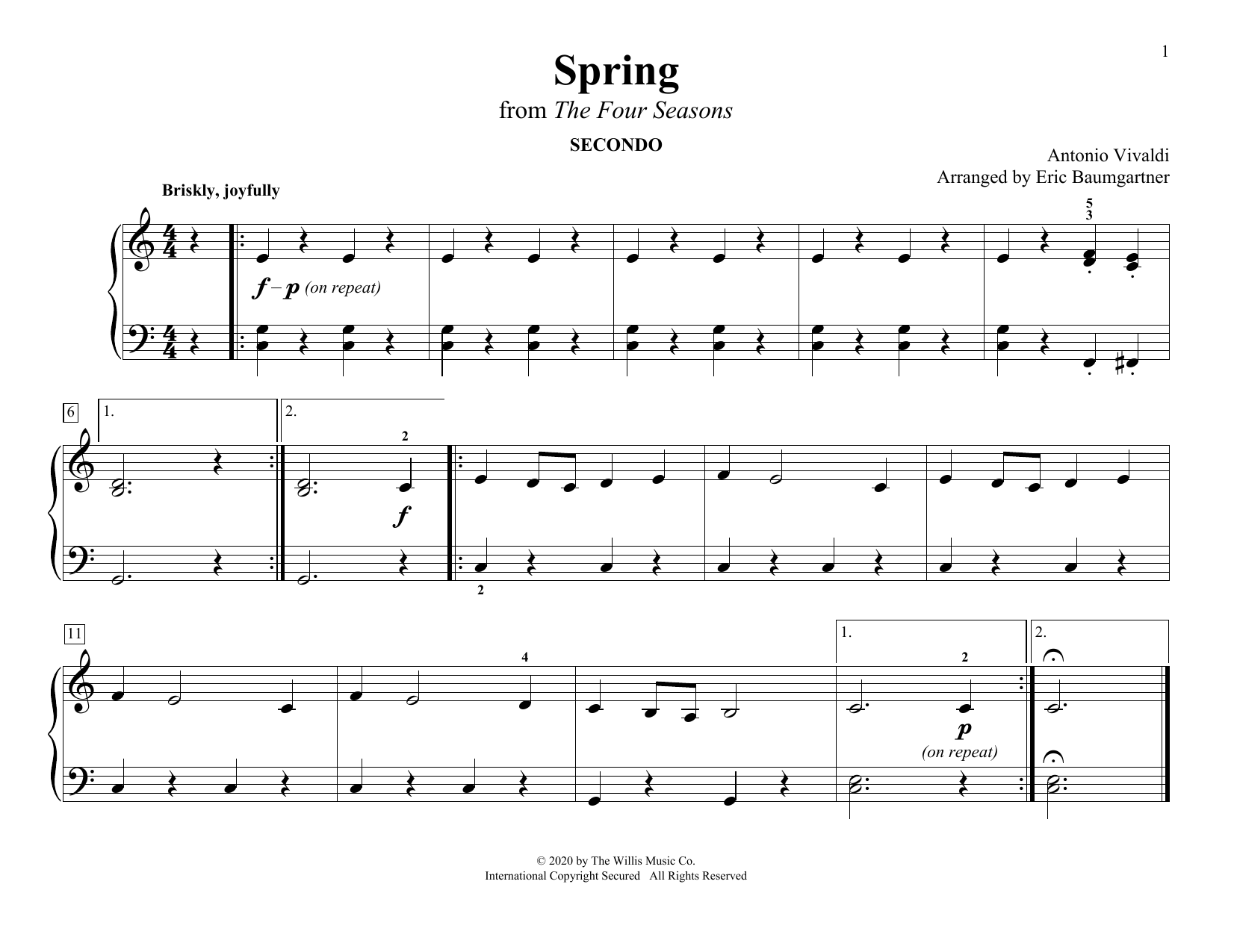 Download Antonio Vivaldi Spring (from The Four Seasons) (arr. Eric Baumgartner) Sheet Music and learn how to play Piano Duet PDF digital score in minutes