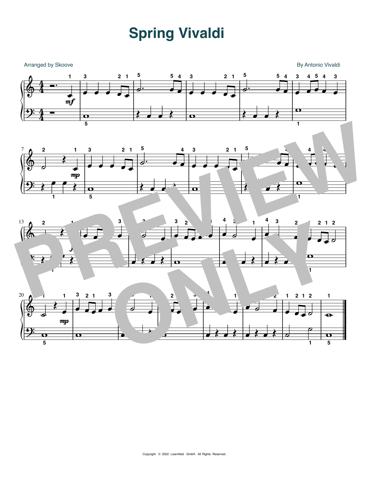 Download Antonio Vivaldi Spring Vivaldi (arr. Skoove) Sheet Music and learn how to play Beginner Piano (Abridged) PDF digital score in minutes