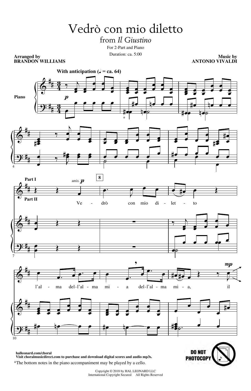 Download Antonio Vivaldi Vedro Con Mio Diletto (arr. Brandon Williams) Sheet Music and learn how to play 2-Part Choir PDF digital score in minutes