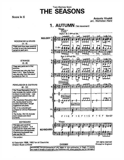 Download Antonio Vivaldi Autumn and Winter (from The Four Seasons) Sheet Music and learn how to play Classroom Band Pack PDF digital score in minutes