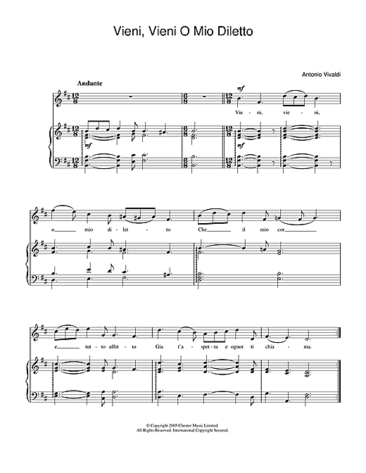 Download Antonio Vivaldi Vieni, Vieni O Mio Diletto Sheet Music and learn how to play Piano & Vocal PDF digital score in minutes