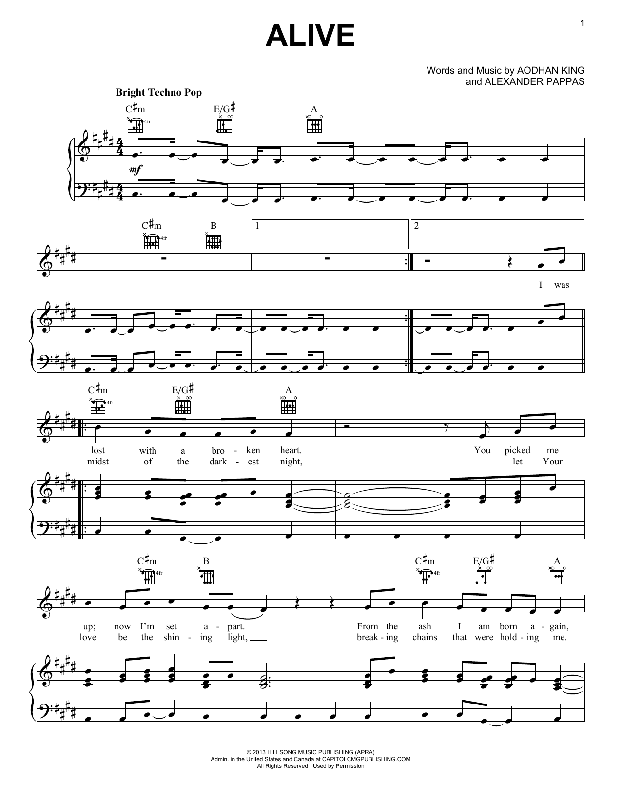 Download Aodhan King Alive Sheet Music and learn how to play Piano, Vocal & Guitar (Right-Hand Melody) PDF digital score in minutes