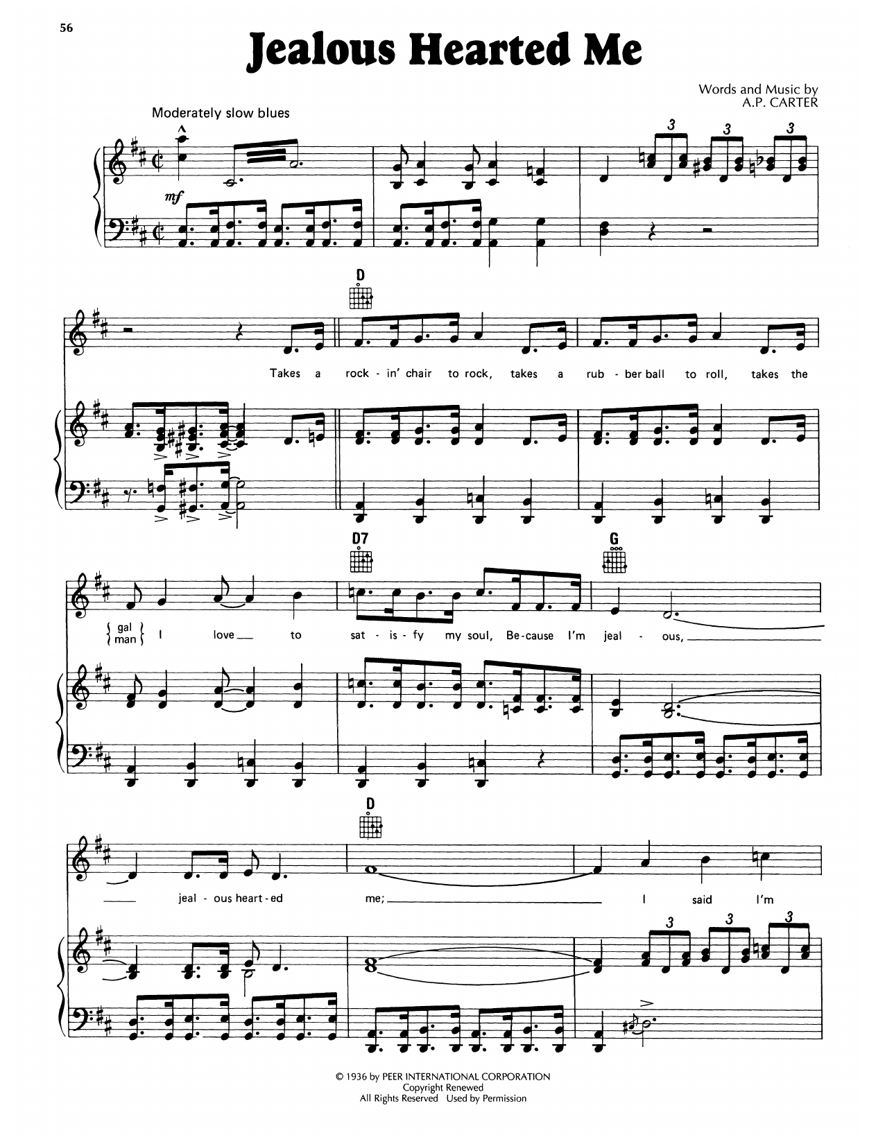 Download A.P. Carter Jealous Hearted Me Sheet Music and learn how to play Piano, Vocal & Guitar Chords (Right-Hand Melody) PDF digital score in minutes