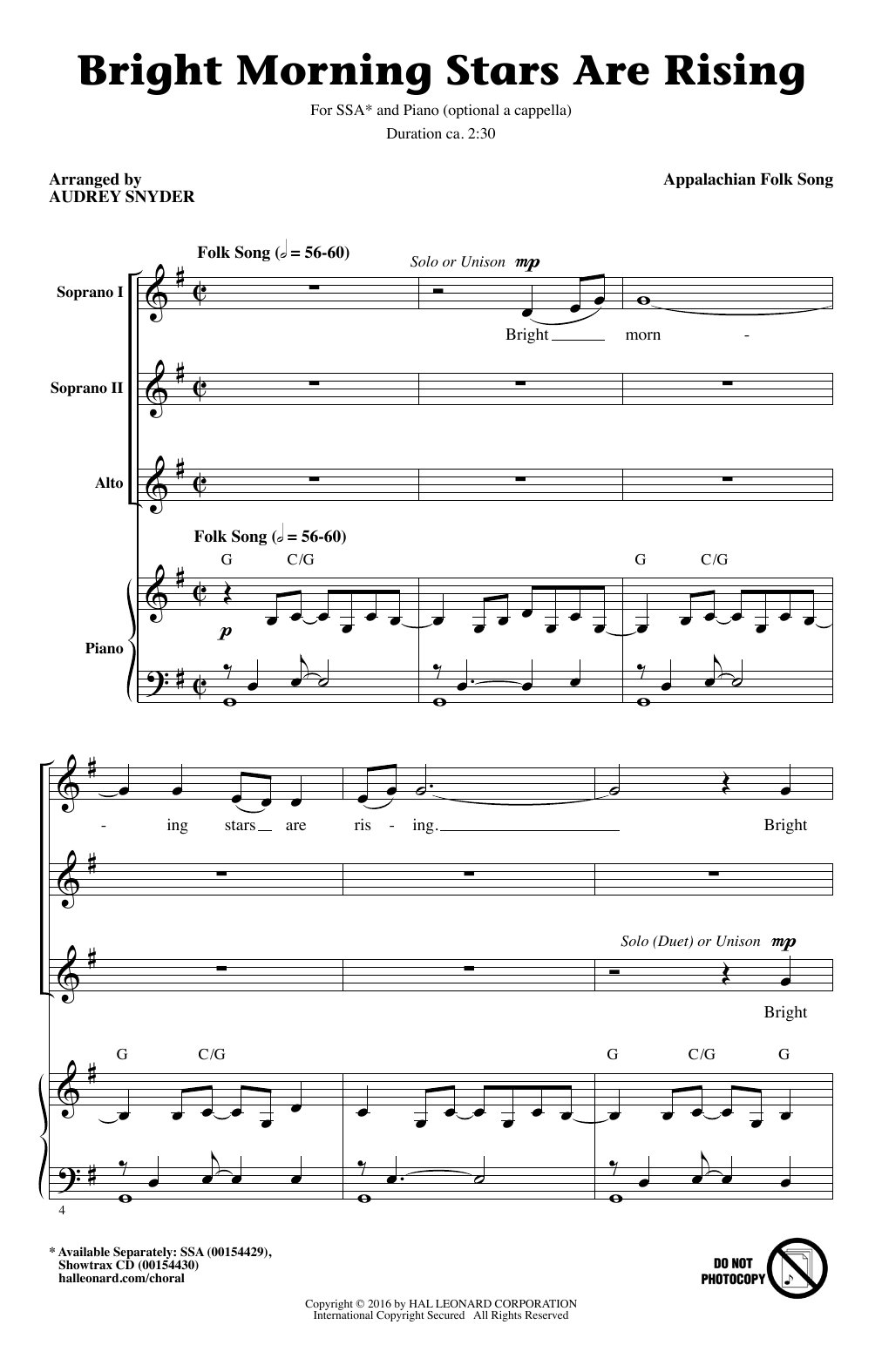 Download Appalachian Folk Song Bright Morning Stars Are Rising (arr. Audrey Snyder) Sheet Music and learn how to play SSA Choir PDF digital score in minutes