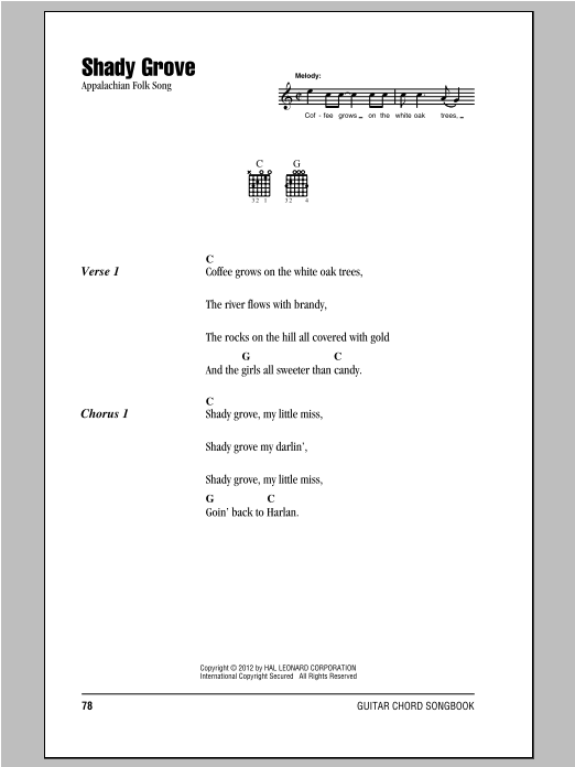 Download Traditional Folksong Shady Grove Sheet Music and learn how to play Lyrics & Chords PDF digital score in minutes