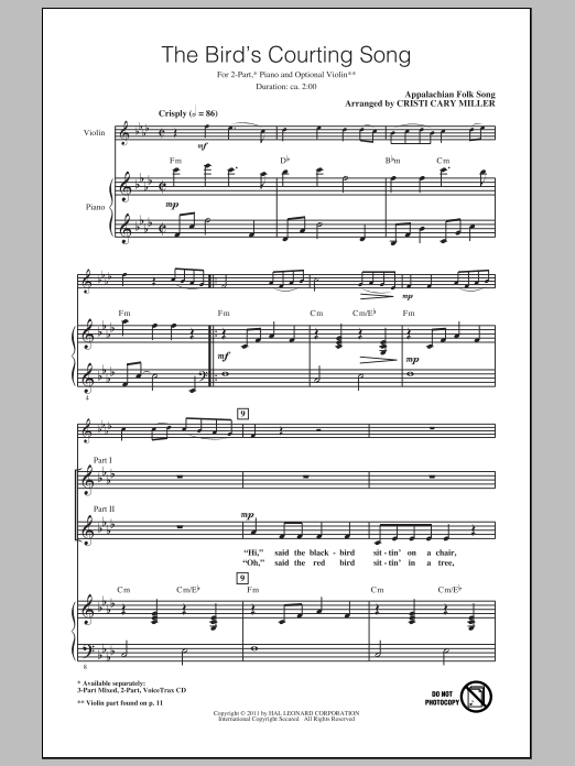 Download Cristi Cary Miller The Bird's Courting Song Sheet Music and learn how to play 2-Part Choir PDF digital score in minutes