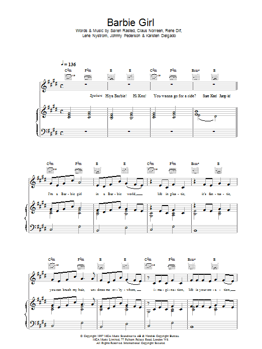 Download Aqua Barbie Sheet Music and learn how to play Piano, Vocal & Guitar PDF digital score in minutes