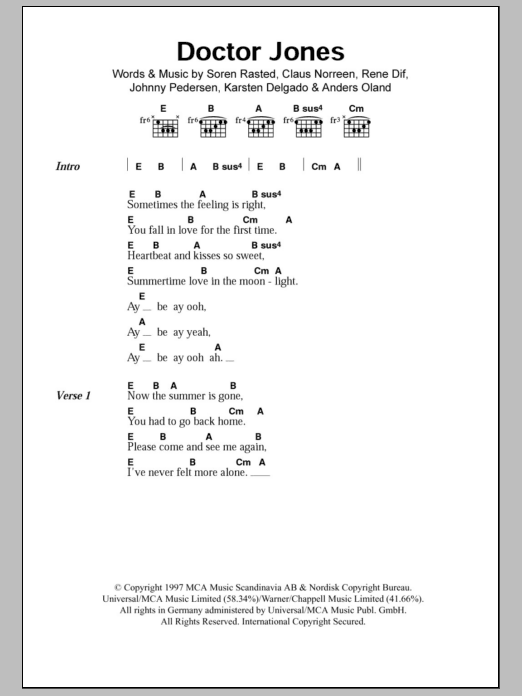 Download Aqua Doctor Jones Sheet Music and learn how to play Lyrics & Chords PDF digital score in minutes