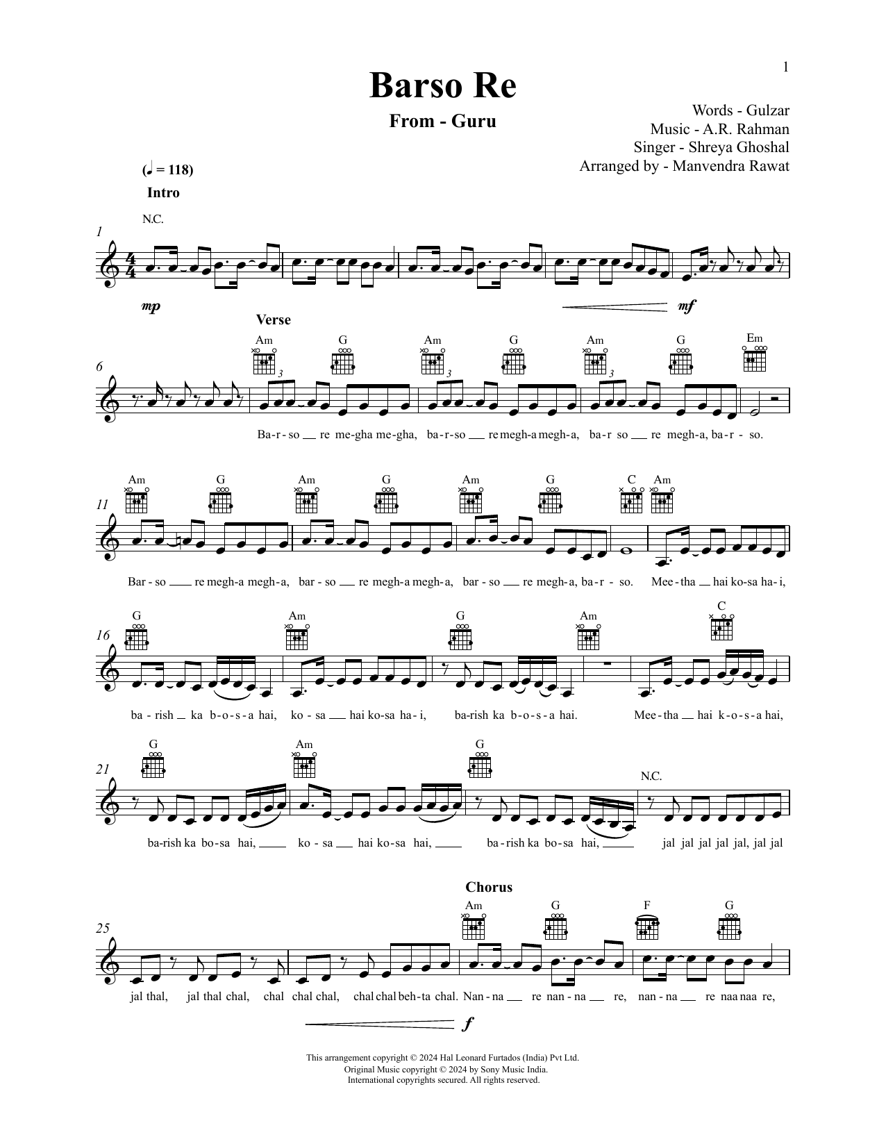 Download A.R. Rahman Barso Re (from Guru) Sheet Music and learn how to play Lead Sheet / Fake Book PDF digital score in minutes