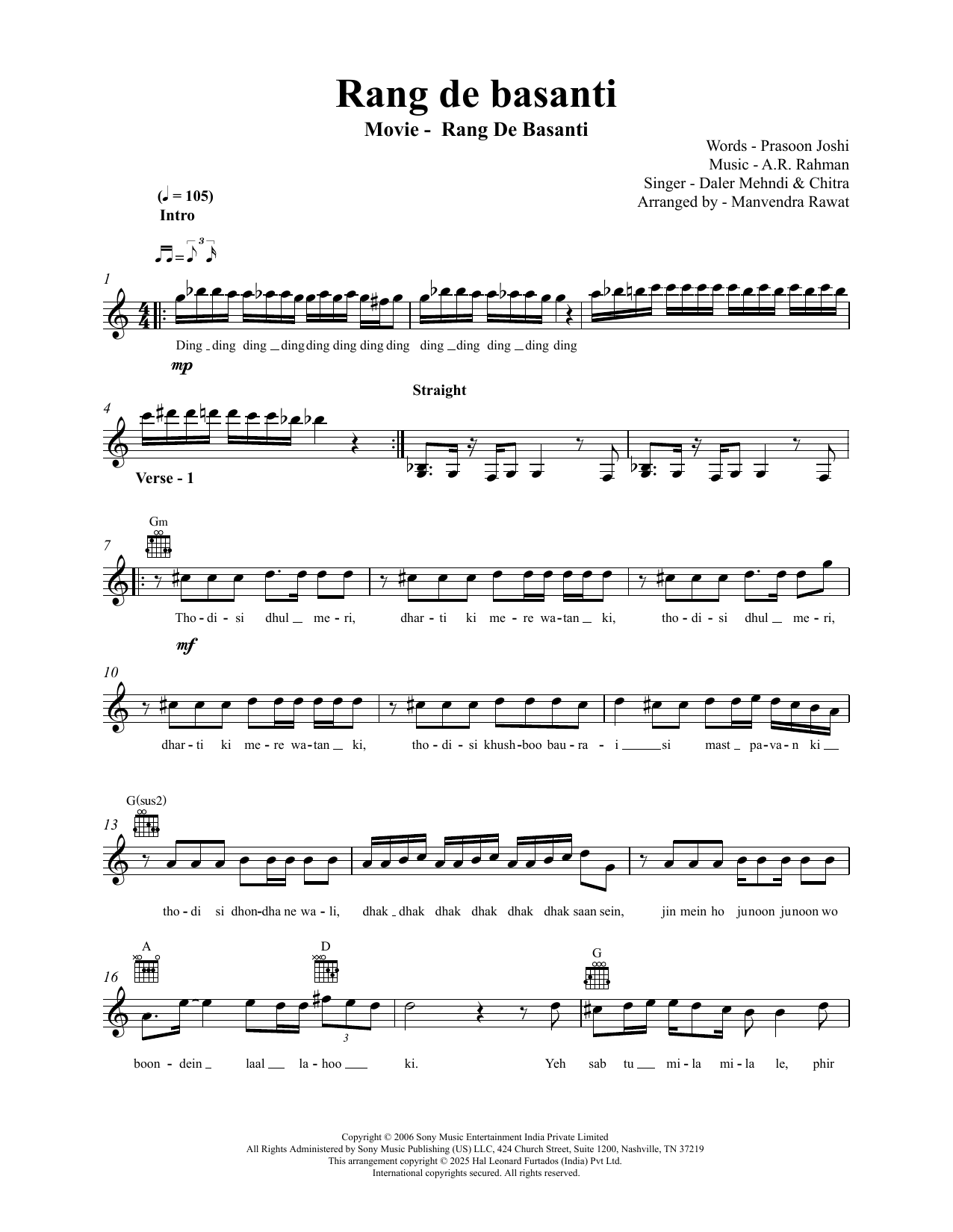 Download A.R. Rahman Rang De Basanti Sheet Music and learn how to play Lead Sheet / Fake Book PDF digital score in minutes