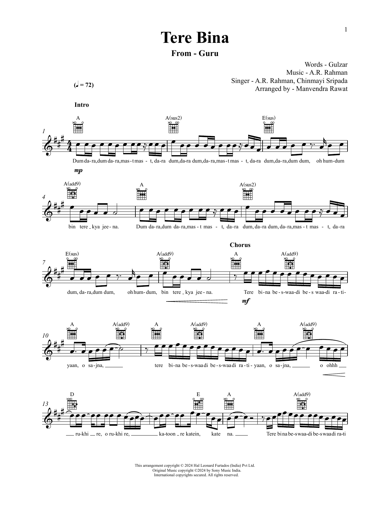 Download A.R. Rahman Tere Bina (from Guru) Sheet Music and learn how to play Lead Sheet / Fake Book PDF digital score in minutes