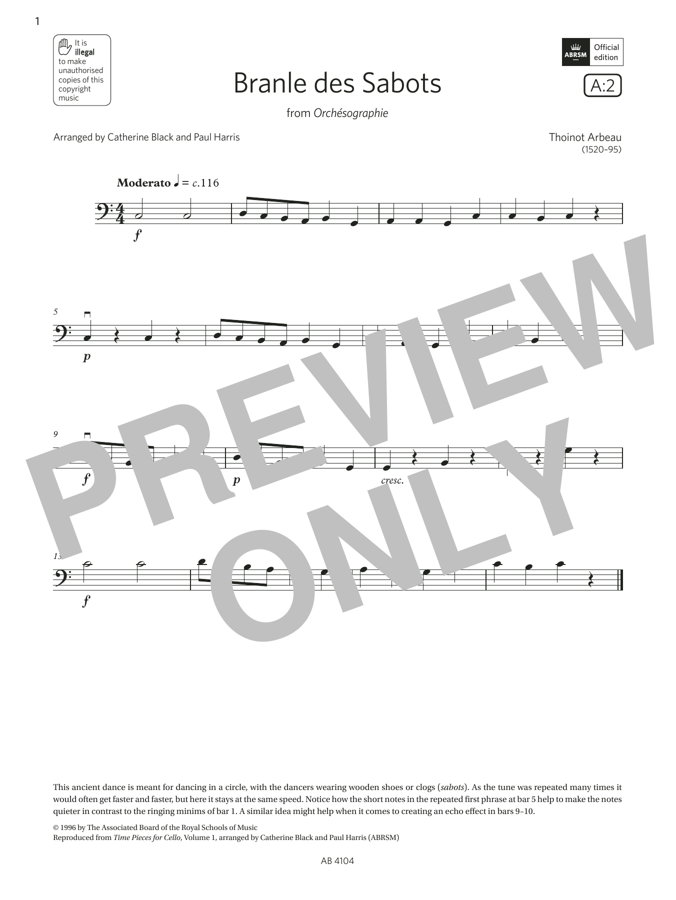 Download Arbeau Branle des Sabots (Grade 1, A2, from the ABRSM Cello Syllabus from 2024) Sheet Music and learn how to play Cello Solo PDF digital score in minutes