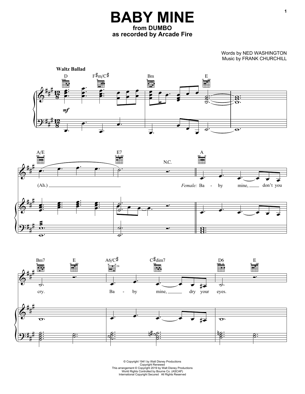 Download Arcade Fire Baby Mine (from the Motion Picture Dumbo) Sheet Music and learn how to play Piano, Vocal & Guitar Chords (Right-Hand Melody) PDF digital score in minutes