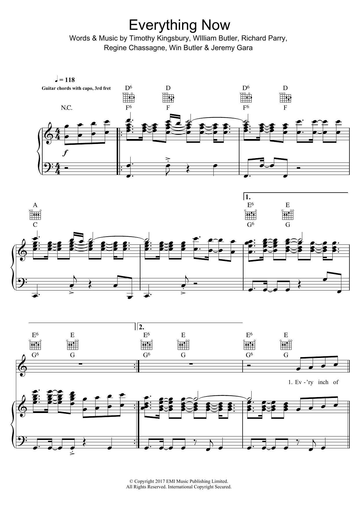 Download Arcade Fire Everything Now Sheet Music and learn how to play Piano, Vocal & Guitar (Right-Hand Melody) PDF digital score in minutes