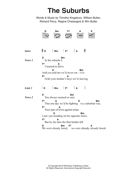 Download Arcade Fire The Suburbs Sheet Music and learn how to play Lyrics & Chords PDF digital score in minutes