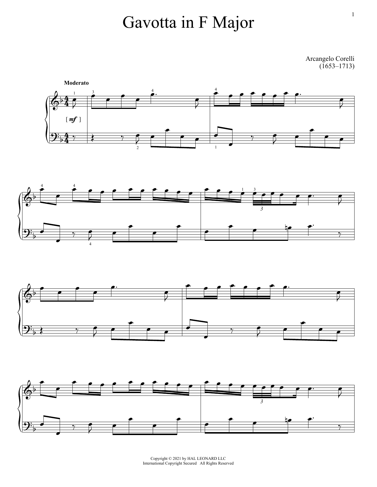 Download Arcangelo Corelli Gavotta In F Major Sheet Music and learn how to play Piano Solo PDF digital score in minutes