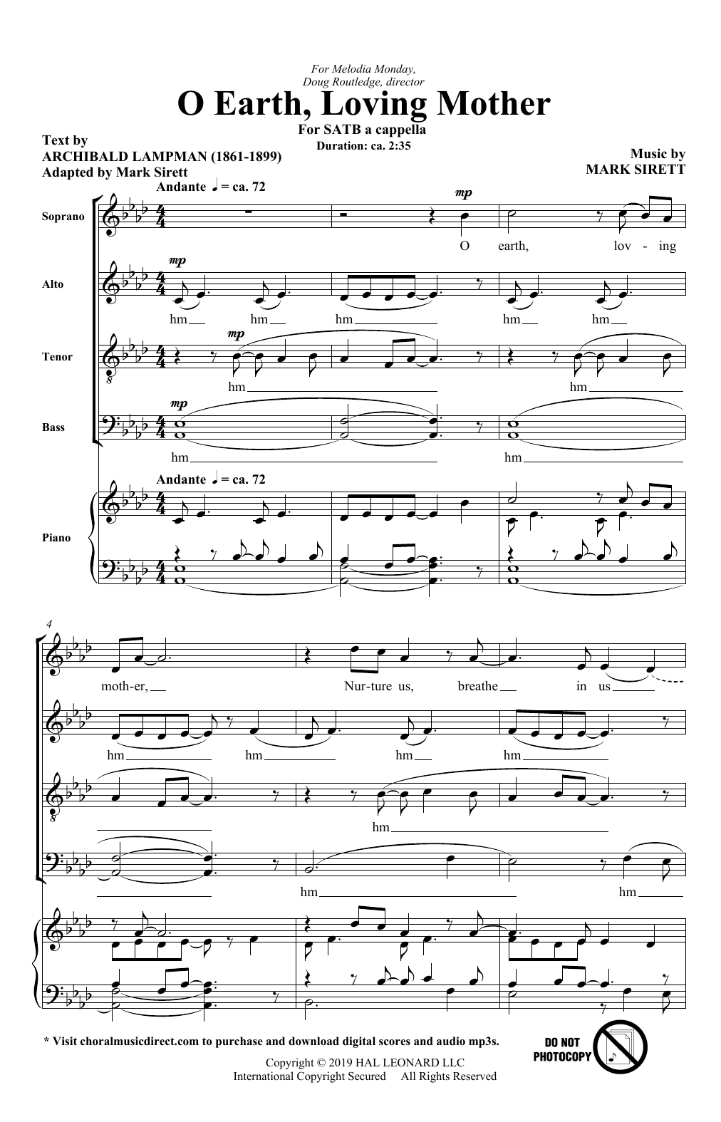 Download Archibald Lampman and Mark Sirett O Earth, Loving Mother Sheet Music and learn how to play SATB Choir PDF digital score in minutes