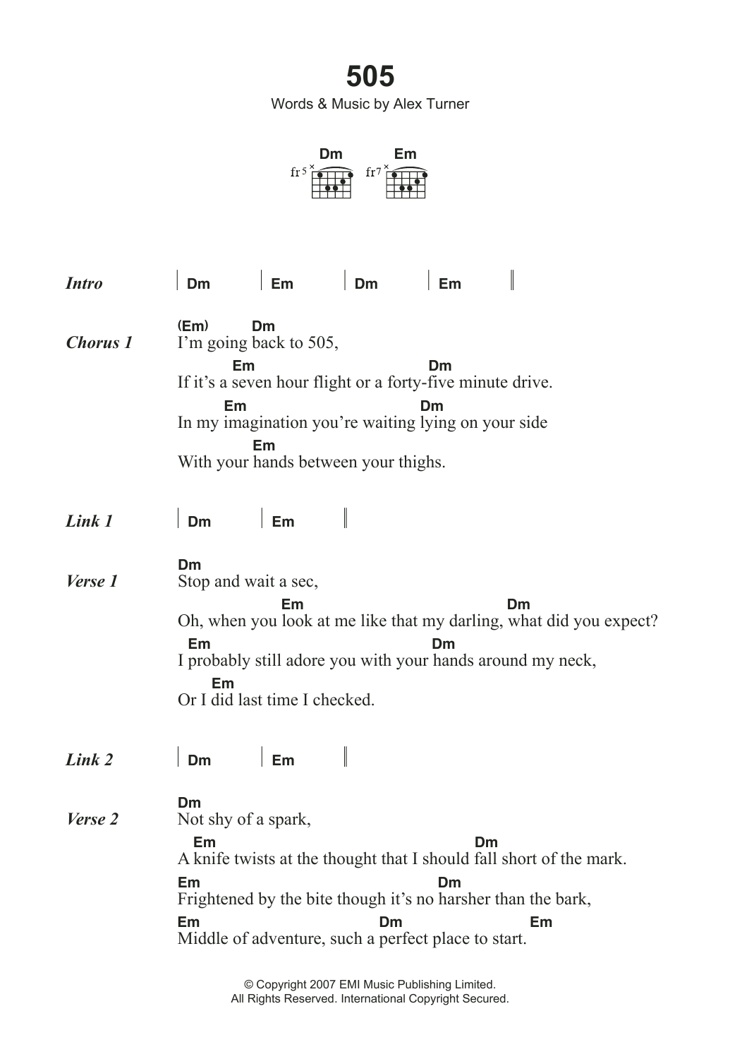 Download Arctic Monkeys 505 Sheet Music and learn how to play Lyrics & Chords PDF digital score in minutes