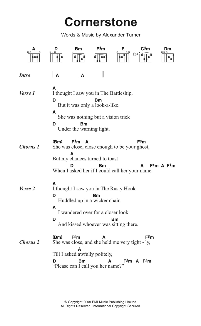 Download Arctic Monkeys Cornerstone Sheet Music and learn how to play Lyrics & Chords PDF digital score in minutes