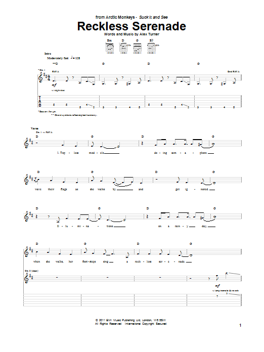Download Arctic Monkeys Reckless Serenade Sheet Music and learn how to play Guitar Tab PDF digital score in minutes