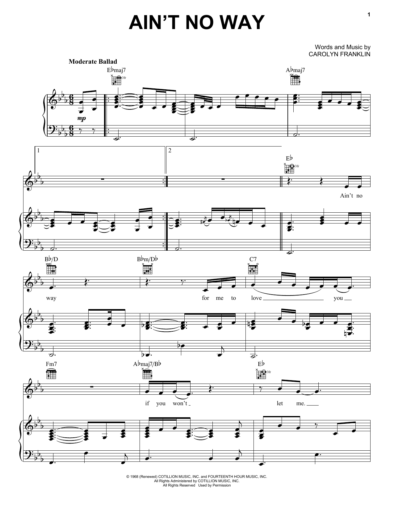 Download Aretha Franklin Ain't No Way Sheet Music and learn how to play Piano, Vocal & Guitar (Right-Hand Melody) PDF digital score in minutes