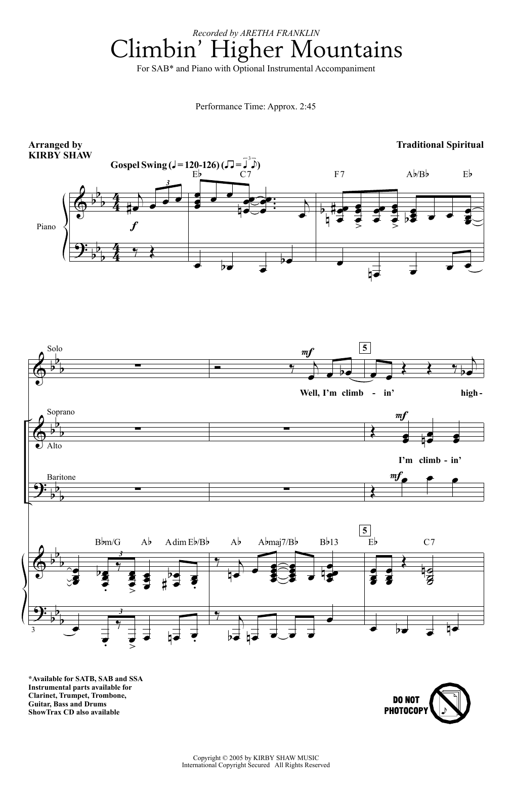 Download Aretha Franklin Climbin' Higher Mountains (arr. Kirby Shaw) Sheet Music and learn how to play SSA Choir PDF digital score in minutes