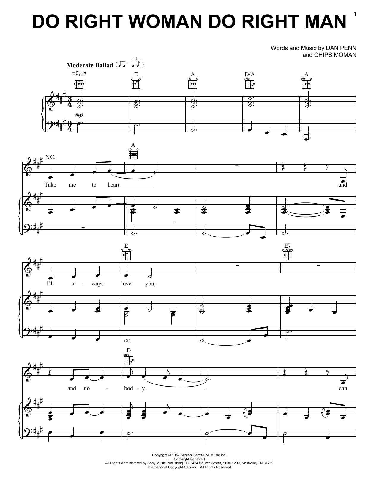 Download Aretha Franklin Do Right Woman Do Right Man Sheet Music and learn how to play Piano, Vocal & Guitar (Right-Hand Melody) PDF digital score in minutes