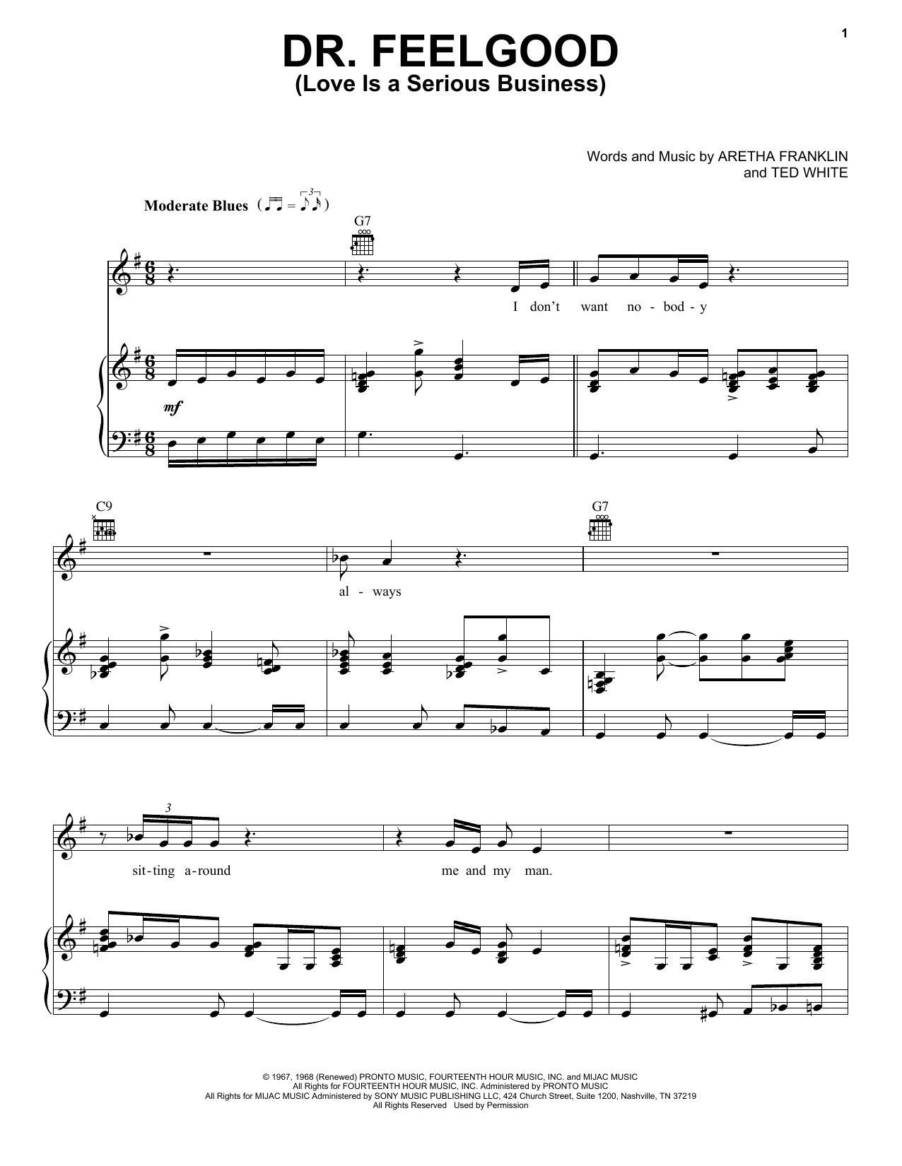 Download Aretha Franklin Dr. Feelgood (Love Is A Serious Business) Sheet Music and learn how to play Piano, Vocal & Guitar (Right-Hand Melody) PDF digital score in minutes