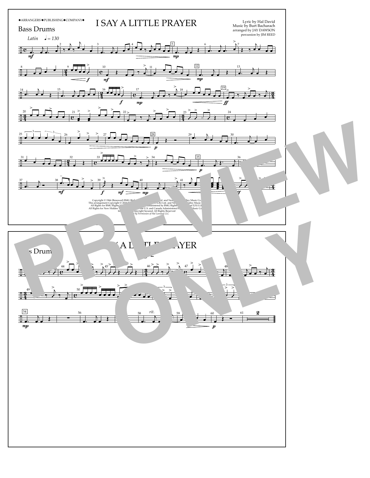 Download Aretha Franklin I Say a Little Prayer (arr. Jay Dawson) - Bass Drums Sheet Music and learn how to play Marching Band PDF digital score in minutes