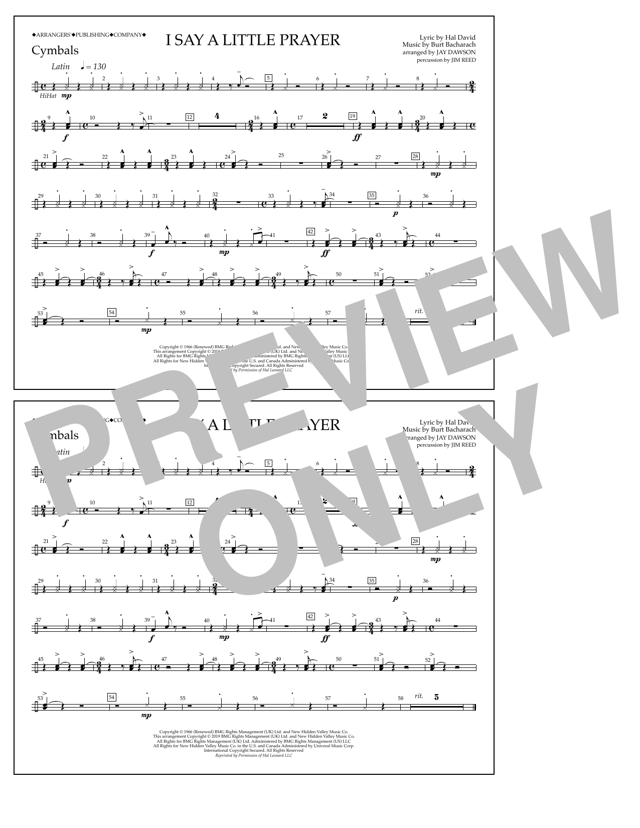 Download Aretha Franklin I Say a Little Prayer (arr. Jay Dawson) - Cymbals Sheet Music and learn how to play Marching Band PDF digital score in minutes