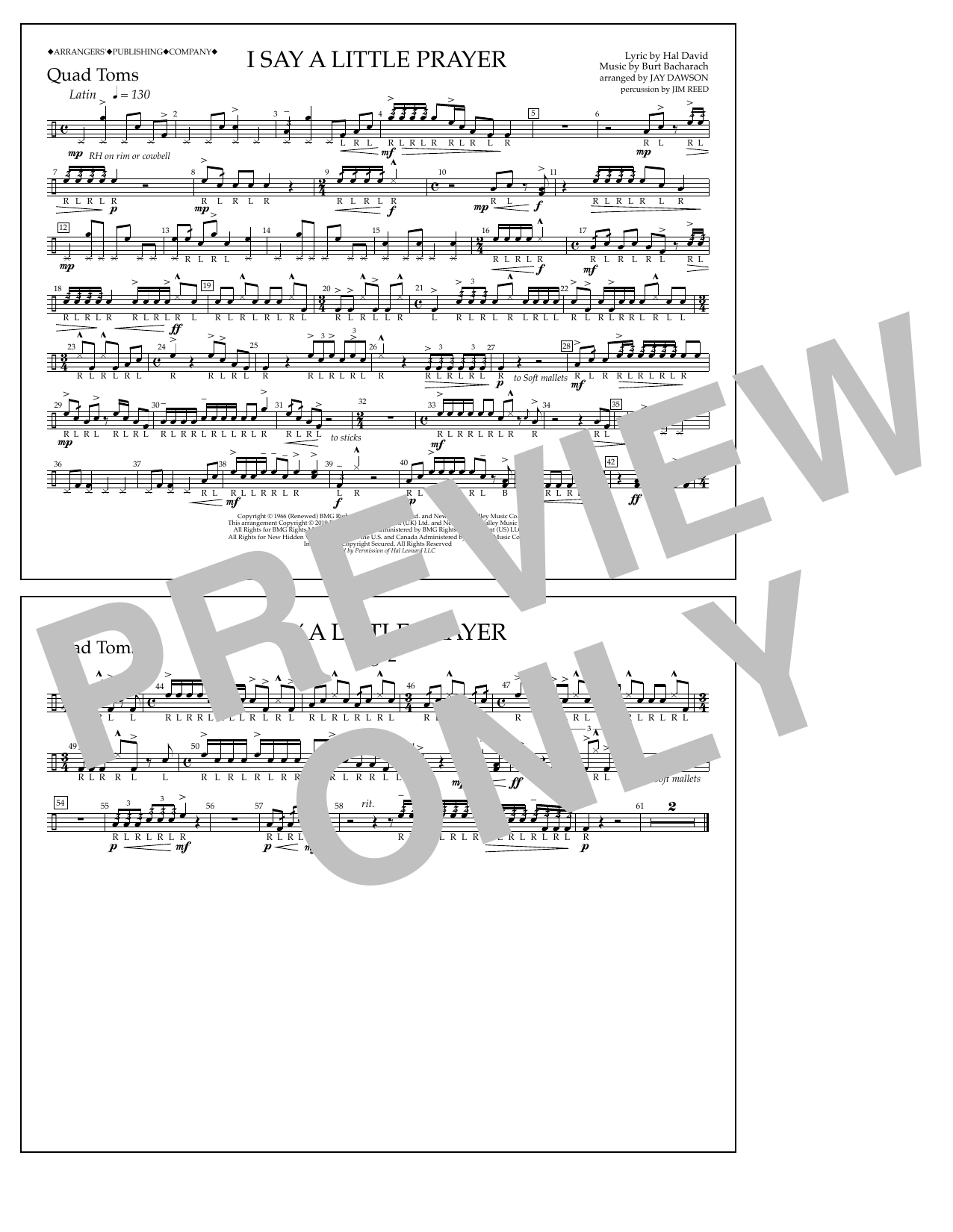 Download Aretha Franklin I Say a Little Prayer (arr. Jay Dawson) - Quad Toms Sheet Music and learn how to play Marching Band PDF digital score in minutes
